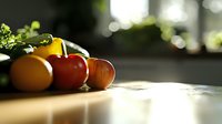 Fresh organic vegetables and fruits on wooden table in soft natural lighting, creating moody atmosphere with bokeh background and copy space.