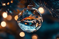 Goldfish swimming inside glass Christmas ball ornament on tree with bokeh lights creating magical holiday atmosphere against dark teal background.