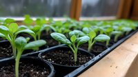 Young green seedlings growing in plastic starter pots with rich soil, showing early plant development stages in controlled environment for gardening and agriculture.