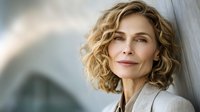 Confident mature woman with curly blonde hair and natural makeup leaning against wall, conveying wisdom and self-assurance in soft lighting.
