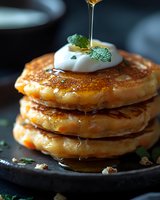 Stack of golden pancakes topped with sour cream and fresh mint leaves, drizzled with honey or maple syrup, served on dark plate with moody lighting.