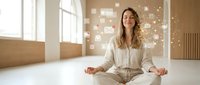 Young professional woman meditating in modern office space with floating digital communication icons representing work-life balance and mindfulness.