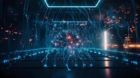 Digital brain network visualization with glowing cyan and red neural connections, binary code, and futuristic holographic interface for technology, artificial intelligence, and data science concepts.