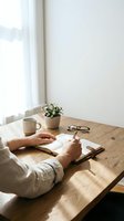 Man writing in notebook at wooden desk with coffee mug, potted plant, and eyeglasses in bright natural light from window for workspace and productivity concepts.
