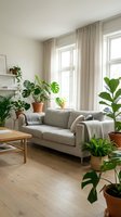 Bright living room with gray upholstered sofa, wooden coffee table, and potted green plants by large windows with beige curtains, ideal for home decor and interior design projects.