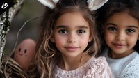 Two young Hispanic girls with natural smiles wearing bunny ears during Easter celebration, one in pink lace dress, against blurred background with decorated egg.