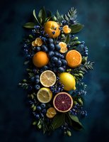 Artistic arrangement of citrus fruits, blueberries, and evergreen foliage on dark blue background, creating dramatic contrast for food photography.