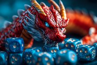 Red dragon figurine with horns and detailed scales surrounded by blue gaming dice on dark background. Fantasy tabletop gaming concept.