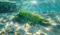 Vibrant green palm frond floating underwater with sunlight streaming through crystal clear tropical waters, creating rippling patterns on sandy ocean floor.