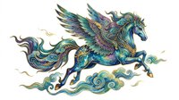 Ornate mythical winged horse with intricate patterned details in jewel tones, isolated on transparent background. Ready for t-shirt design, clipart, stickers, sublimation, and print-on-demand projects.