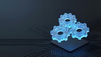 Glowing blue gears on hexagonal platform with circuit board lines, representing technology, automation, and digital innovation for business and industrial design.