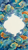 Ornate cloud frame with swirling patterns in blue and gold watercolor style, featuring decorative border with empty center space for text or design elements.