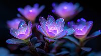 Glowing pink and purple flowers with sparkling dewdrops against dark background create magical garden atmosphere, ethereal nature macro photography.