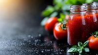 Fresh homemade tomato juice in glass jars with raw tomatoes and basil leaves on dark background with water drops, healthy drink concept.
