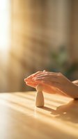 Protective hands cupping wooden figure in warm sunlight symbolizing care, support, insurance, safety and human protection concepts for business.