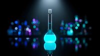 Laboratory flask with glowing cyan liquid on reflective surface against dark background with colorful bokeh lights for scientific research concepts.