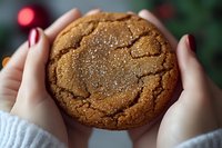 Fresh baked ginger molasses cookie with crackled surface held in feminine hands wearing white sweater against festive holiday bokeh background.