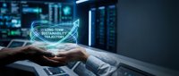 Business professional holding holographic sustainability projection in modern data center showcasing long-term green technology solutions and eco-friendly innovation.