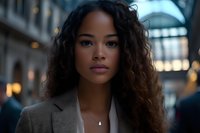 Young African American businesswoman with long curly hair wearing beige blazer and silver necklace, looking confidently at camera in urban setting with bokeh lights.