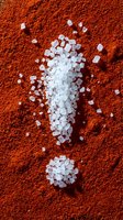 White sea salt crystals forming exclamation mark shape on vibrant red paprika powder background for culinary seasoning and spice concepts.