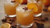 Refreshing orange cocktail garnished with star anise and citrus slice in rocks glass, served with ice cubes on wooden surface with spices and fruit slices.