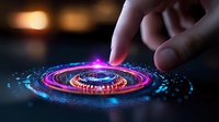 Futuristic holographic interface with glowing circular elements and human finger interaction creates immersive technology visualization on dark background.