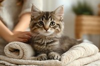 Adorable fluffy tabby cat with big green eyes resting on soft beige towels while being petted, creating cozy home atmosphere for pet care and grooming services.