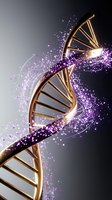 Golden DNA double helix structure with purple particle effects and glowing energy streams on gradient background for genetic research presentations.
