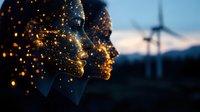 Silhouette of female face with glowing golden particles against wind turbine background at dusk, representing renewable energy and innovation concept.