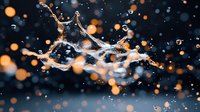 Water splash frozen in motion with orange bokeh lights creating magical atmosphere against dark background. Dynamic liquid sculpture captures moment of impact.