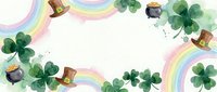 Watercolor St. Patrick's Day frame with shamrocks, leprechaun hats, pot of gold and rainbow border on white background for greeting cards and festive designs.