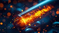 Glowing orange particles and sparks swirling inside glass test tube against dark blue background with bokeh effect, scientific laboratory research concept.