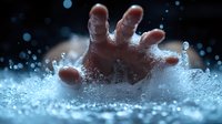 Dramatic close-up of human hand breaking through water surface with splashing droplets and bubbles against dark background, creating dynamic motion effect in blue tones.