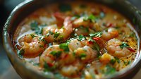 Delicious spicy shrimp soup with coconut milk, fresh herbs and chili peppers in rustic bowl, perfect for restaurant menu, food photography or cooking blog.