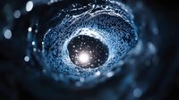 Mysterious cosmic spiral formation in deep blue tones with glowing center point and particle effects creates ethereal space atmosphere for astronomy concepts.