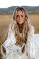 Young woman with long blonde hair wearing white lace dress riding white horse in meadow at sunset. Natural outdoor portrait with mountain landscape background.