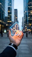 Businessman hand holding glowing house icon with upward arrows and percentage symbol in urban city center for real estate investment growth concept.