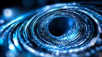 Glowing blue spiral tunnel with particles and light effects creates futuristic technology concept background for digital transformation and innovation designs.