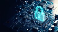 Glowing cyan padlock hologram on computer circuit board representing cybersecurity, data protection and digital security technology for business applications.