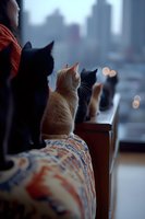 Cats sitting in row on couch back looking through window at city skyline view, orange and black cats silhouettes against evening bokeh lights and urban landscape.