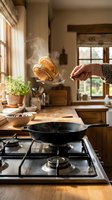 Hand flipping golden pancakes in cast iron skillet on gas stove in cozy rustic kitchen with warm morning light streaming through windows for breakfast cooking.