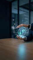 Businessman holding glowing holographic pause button symbol above wooden desk with city skyline visible through office windows, representing digital technology and media control.