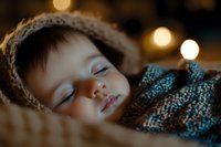 Sleeping toddler in knitted winter hat and sweater with bokeh lights in background, peaceful expression on face, warm cozy atmosphere for childhood concepts.