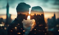 Romantic silhouette of young couple about to kiss against urban sunset skyline with bokeh lights creating dreamy atmosphere. For Valentine's cards and dating apps.
