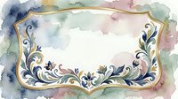 Elegant watercolor frame with ornate floral scrollwork and gold border, soft pastel background, blank center for text or design use.