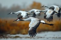 Majestic common cranes in flight during autumn migration, wings spread against blurred natural background showing graceful movement and synchronized flying pattern.