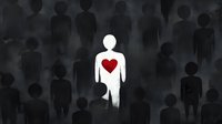 White figure with red heart stands out among crowd of dark silhouettes representing individuality, compassion, love, empathy, and human connection in society.