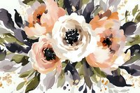 Loose watercolor floral arrangement in peach and white tones with dark leaves, featuring expressive brushstrokes and organic shapes. Romantic botanical art.