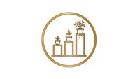Golden line art icon showing three growing potted plants in ascending height order within circular frame for business growth and development concepts.