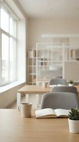 Modern minimalist workspace with wooden table, gray chairs, open book, coffee mug and succulent plant in bright natural light for productivity and focus.
